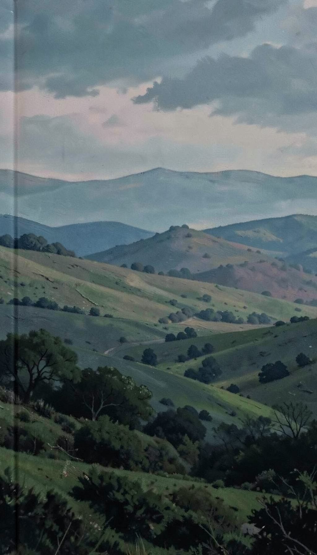 A book cover with a moody landscape of rolling hills under a dusky sky, painted in muted greens, blues, and soft rose tones