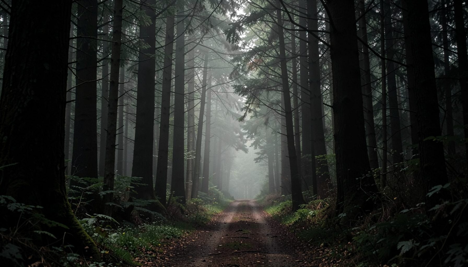 A dim, atmospheric forest path winding between tall dark trees, muted greens and browns, soft misty light filtering through the canopy