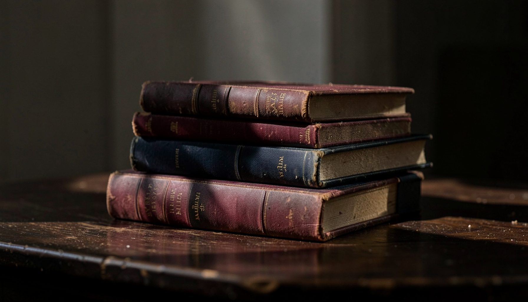 A moody still-life of vintage hardcover books stacked on a dark wooden table, spines in muted burgundy, navy, and ochre