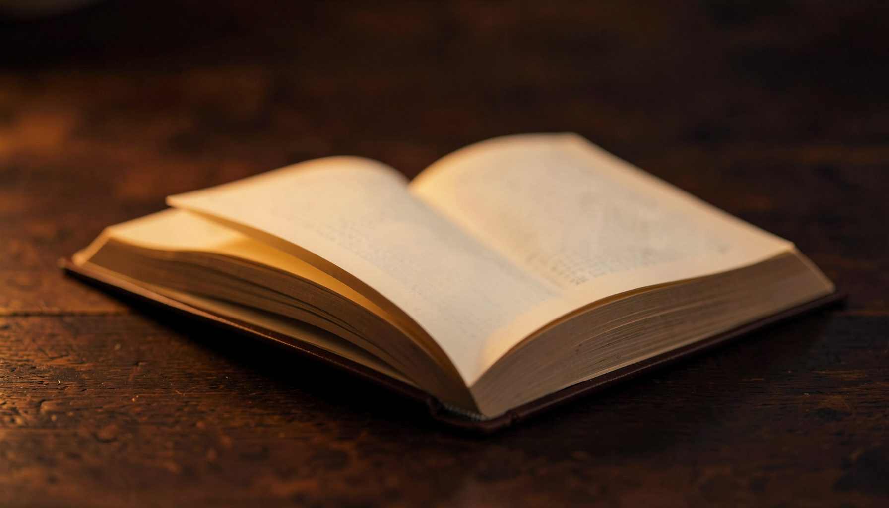 A softly lit open book resting on a dark wooden surface, pages gently curved, warm amber and deep brown tones, quiet and contemplative