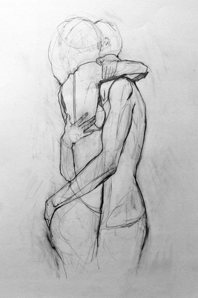 Pencil sketch of two embracing figures, black and white line drawing, intimate mood
