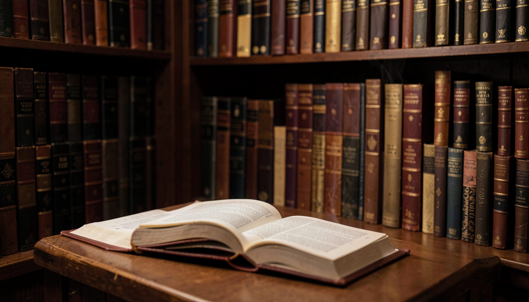 Warm, softly lit reading nook with an open book resting on a wooden table beside a steaming cup, surrounded by shelves of well-worn volumes