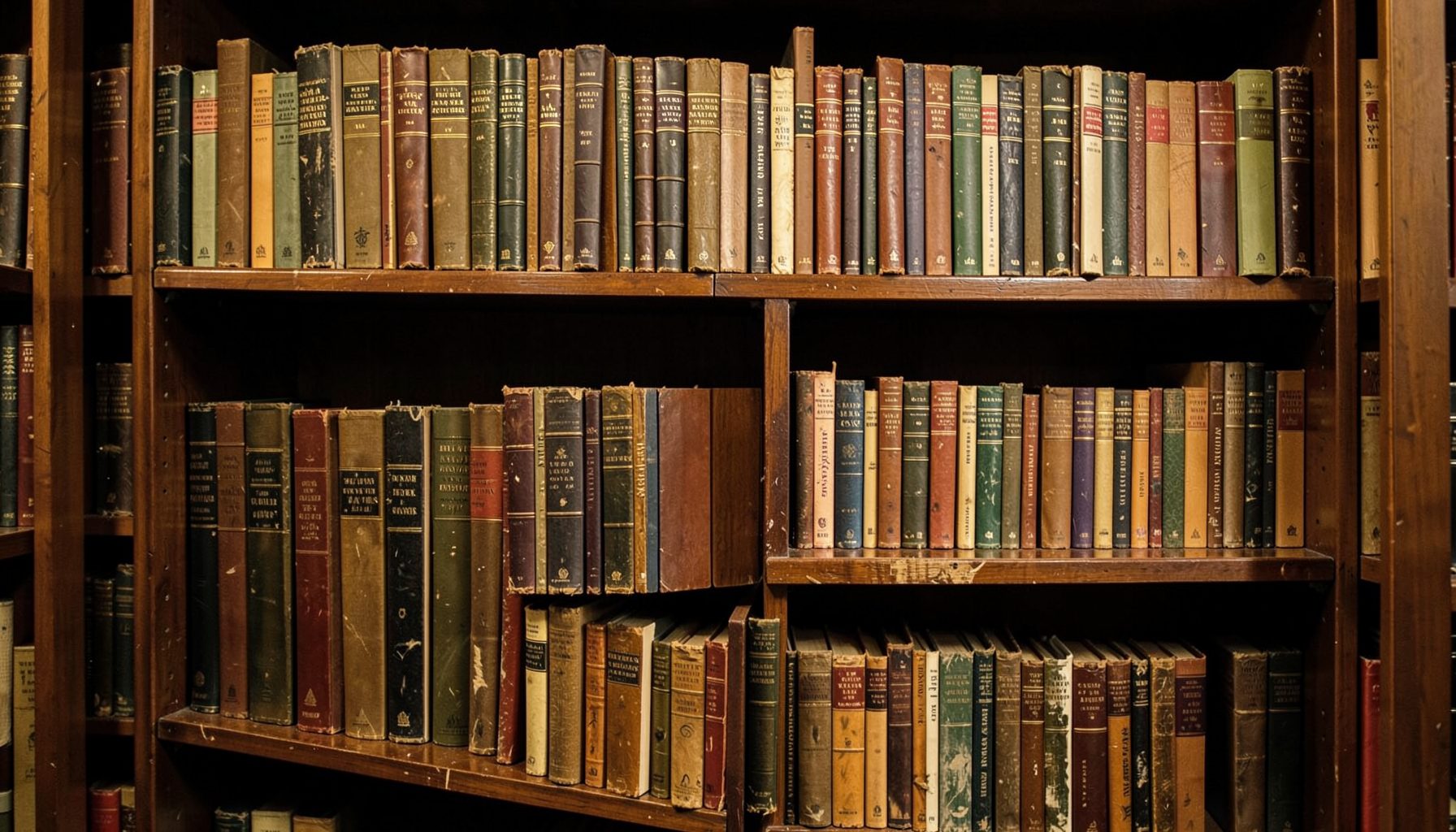 Warmly lit wooden bookshelf filled with well-worn hardcovers and paperbacks in deep browns and amber tones, quiet library mood